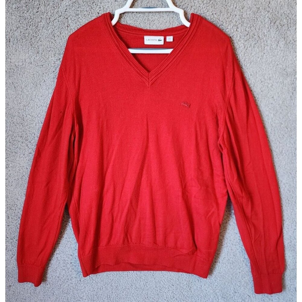 Lacoste Red Logo Long Sleeve V Neck Sweater Size 6 US XL 100%‎ Pure Laine Wool